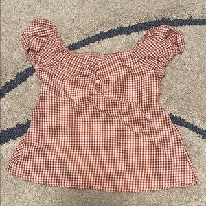 SHEIN Red Checkered Puff Sleeve Blouse